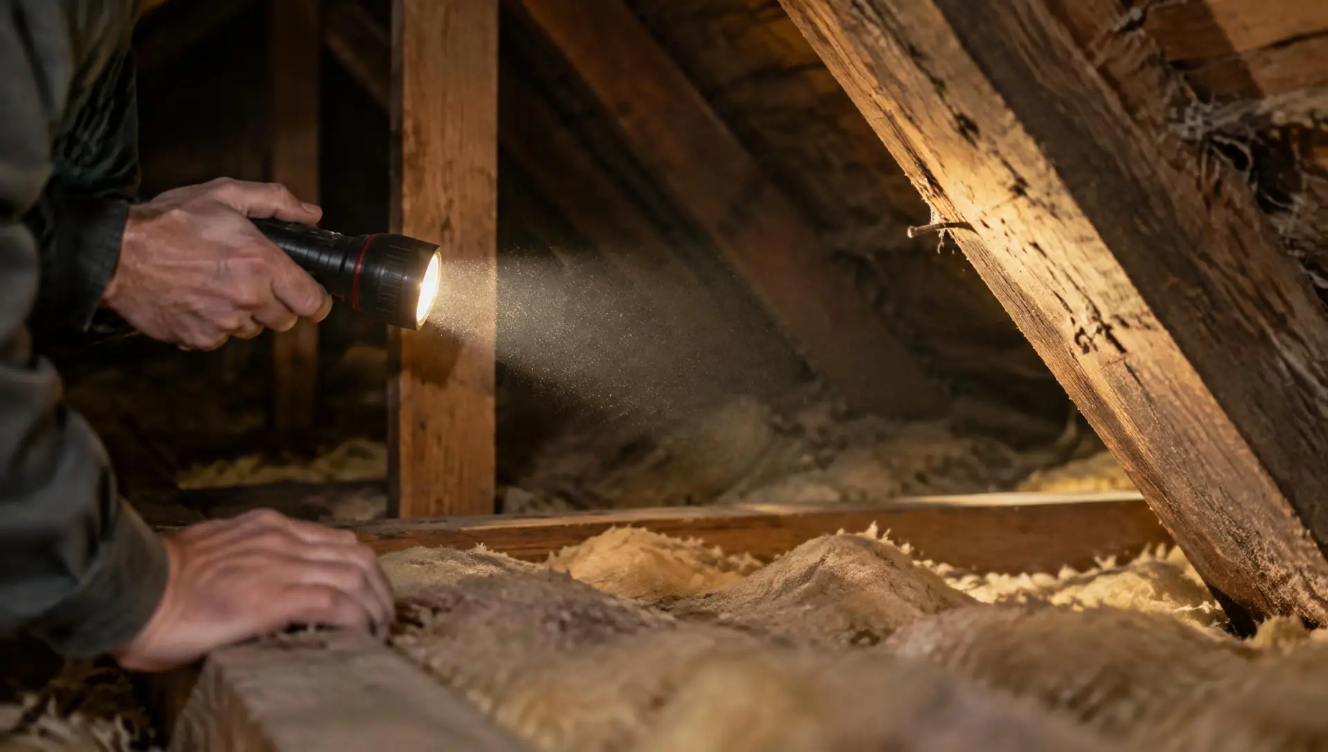 Hands holding a flashlight whose beam crosses old wooden attic rafters and insulation