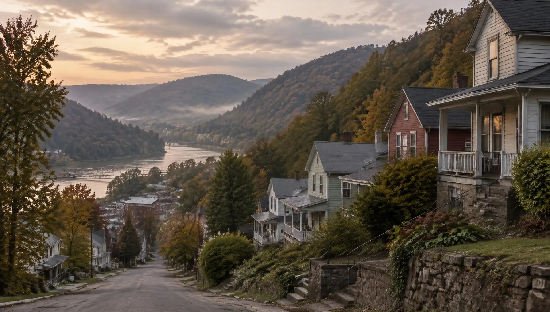 Older houses stepping down a wooded West Virginia hillside toward a river valley at dusk